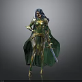 Blue haired woman in green and gold armor with cloak holding sword against gray background