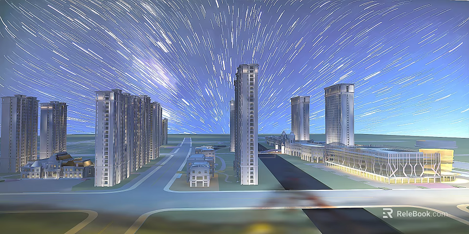 High rise Residential Buildings Under Starry Night Sky With Road And Landscaping 3d model 