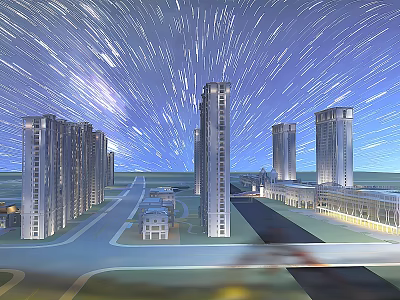 High rise Residential Buildings Under Starry Night Sky With Road And Landscaping 3d model