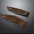 Two Vintage Traditional Wooden Boats with Weathered Wood Structure and Red Blue Accents