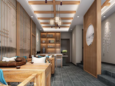 Traditional Chinese Teahouse Interior With Wooden Beams Ceiling Lamps Seating Area And Gray Floor Tiles 3d model