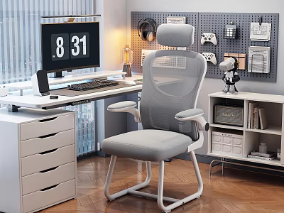 Modern Office Setup Featuring Mesh Chair And Pegboard 3d model