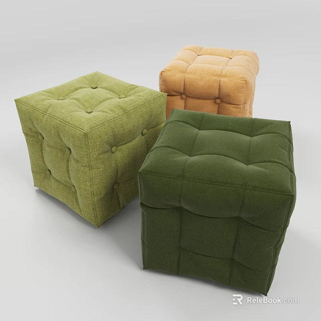 Tufted Square Fabric Ottomans in Green and Orange Colors for Living Room Decor 3d model 