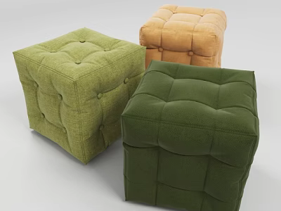Tufted Square Fabric Ottomans in Green and Orange Colors for Living Room Decor 3d model