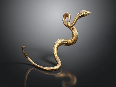 Golden Snake Sculpture With Curved Body On Dark Background With Reflection 3d model