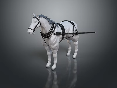 White Horse With Black Harness And Reins Standing On Smooth Surface With Dark Background Reflection 3d model