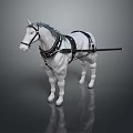 White Horse With Black Harness And Reins Standing On Smooth Surface With Dark Background Reflection