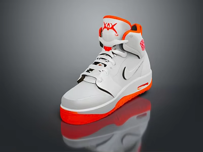 White And Orange High Top Sneakers With Red Upper Logo For Daily Casual Use 3d model