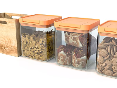 Transparent Glass Jars With Orange Lids For Storing Dry Food Items And Wooden Basket 3d model