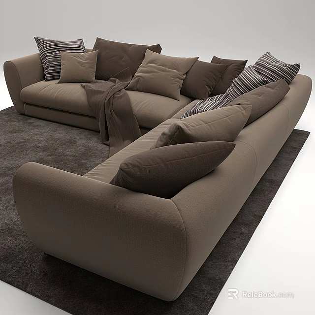 Modern Sectional Sofa With Neutral Tones Multiple Cushions And Throw Blanket 3d model