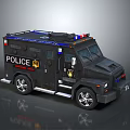 Tactical Black Armored Police Vehicle With Emergency Lights And Department Badging