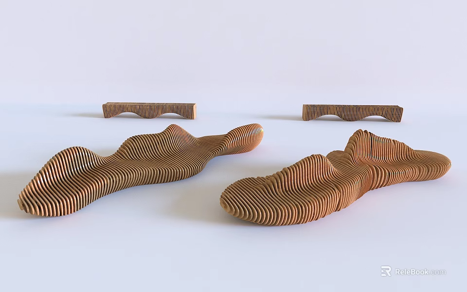 Modern Wooden Outdoor Chairs with Wave Shaped Design and Striped Texture 3d model 