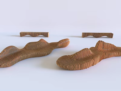 Modern Wooden Outdoor Chairs with Wave Shaped Design and Striped Texture 3d model