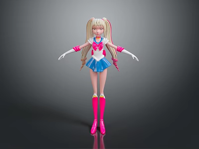 Game Movie Character With Blonde Twin Ponytails Blue White Sailor Uniform Pink Boots Red Bow 3d model