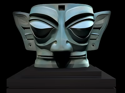Ancient Turquoise Mask Museum Exhibit Featuring Large Eyes Distinctive Ears And Geometric Patterns 3d model