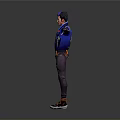 Man In Blue Jacket Standing With Arms Outstretched Decorative Cuffs Dark Pants Orange Shoes