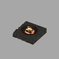 Two Outdoor Fire Pits With Natural Rock Base And Burning Flames