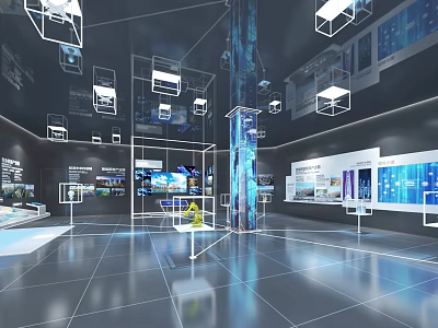 Modern Exhibition Space With Digital Screens Cube Structures Blue Pillar Bright Lighting And Reflective Floor 3d model