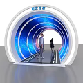 Futuristic White Tunnel With Blue Purple Light Effects Person Walking Inside And People Watching