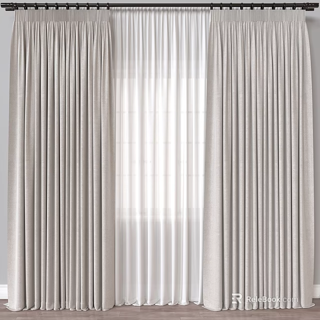 Elegant Modern Linen Blend Curtains With Pleated Design And Sheer Inner Layer For Living Room 3d model 