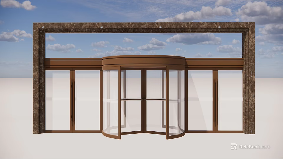Modern Revolving Door With Wooden Frame And Glass Panels Against Blue Sky White Clouds 3d model 