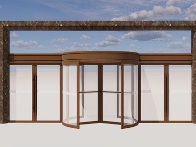 Modern Revolving Door With Wooden Frame And Glass Panels Against Blue Sky White Clouds 3d model