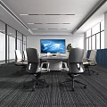 Modern Public Office Space With Workstations Ergonomic Chairs Large Windows Exposed Ceiling And Gray Carpet 3d model
