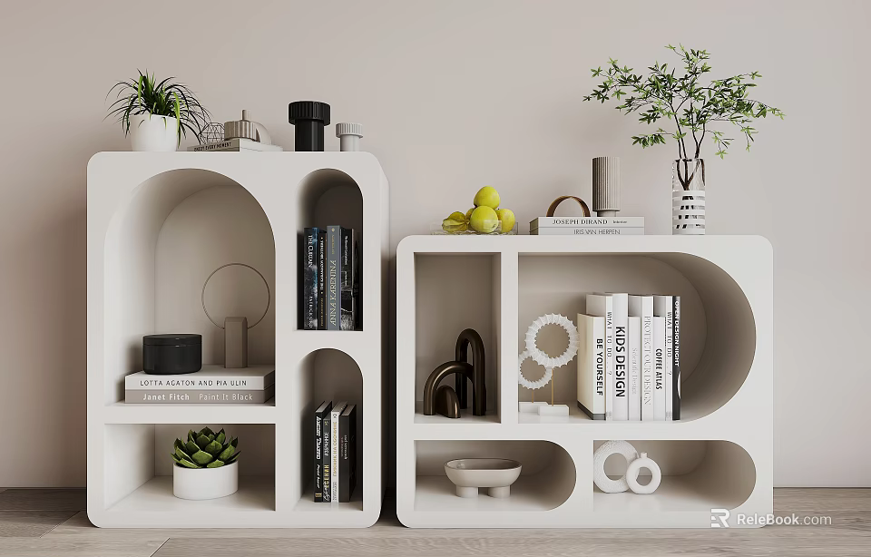Modern Decorative Cabinets With Curved Square Design Potted Plants Books And Ornaments 3d model 