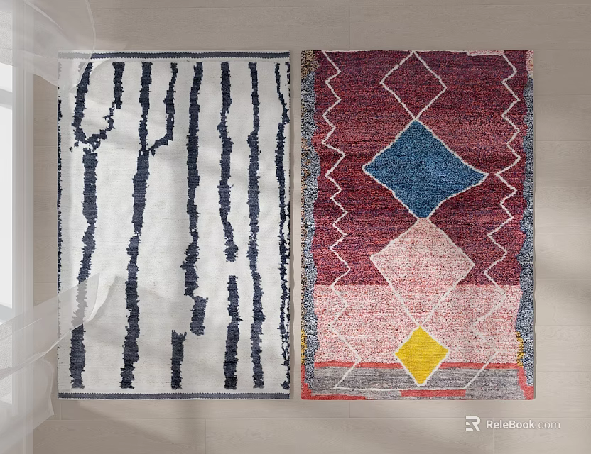 Square Area Rugs Featuring Black White Striped And Colorful Geometric Diamond Patterns 3d model 