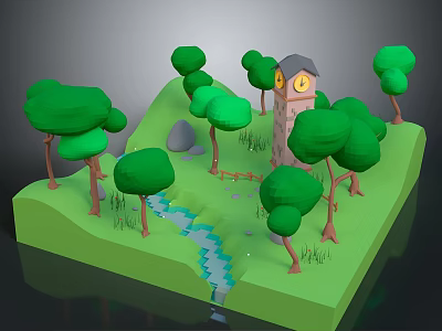 Scenic 3D Landscape with Green Trees Clock Tower Flowing Stream Stone and Grass 3d model