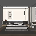 Modern Bedroom Interior With Bed Nightstand Table Lamp Framed Pictures Window And Desk