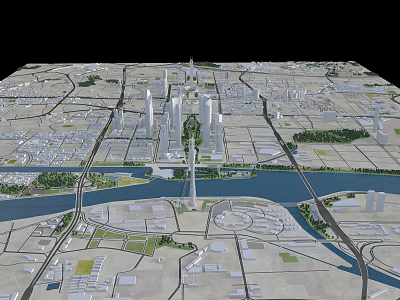 Detailed Urban Planning Model Featuring River Skyscrapers Roads And Green Areas 3d model