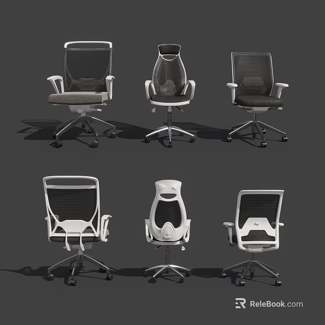 Six Black And White Office Chairs With Mesh Back Armrests Casters And Modern Design 3d model 
