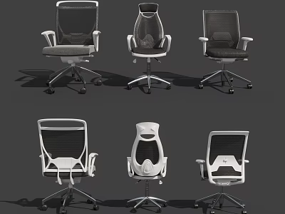 Six Black And White Office Chairs With Mesh Back Armrests Casters And Modern Design 3d model