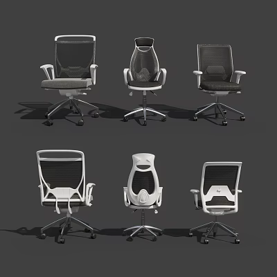 Six Black And White Office Chairs With Mesh Back Armrests Casters And Modern Design 3d model