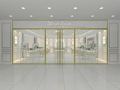 Jewelry Store With Glass Doors Golden Frames And Bright Interior Display Cases 3d model