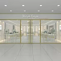 Jewelry Store With Glass Doors Golden Frames And Bright Interior Display Cases
