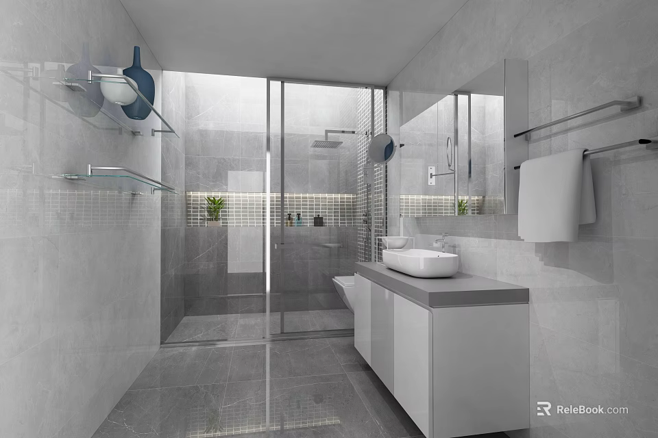 Modern Bathroom Interior With Glass Shower Enclosure White Vanity And Tiled Walls 3d model 