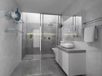 Modern Bathroom Interior With Glass Shower Enclosure White Vanity And Tiled Walls 3d model