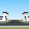 Chinese Style Scenic Wall With Traditional Roof And Carved Window Panels At Entrance Area