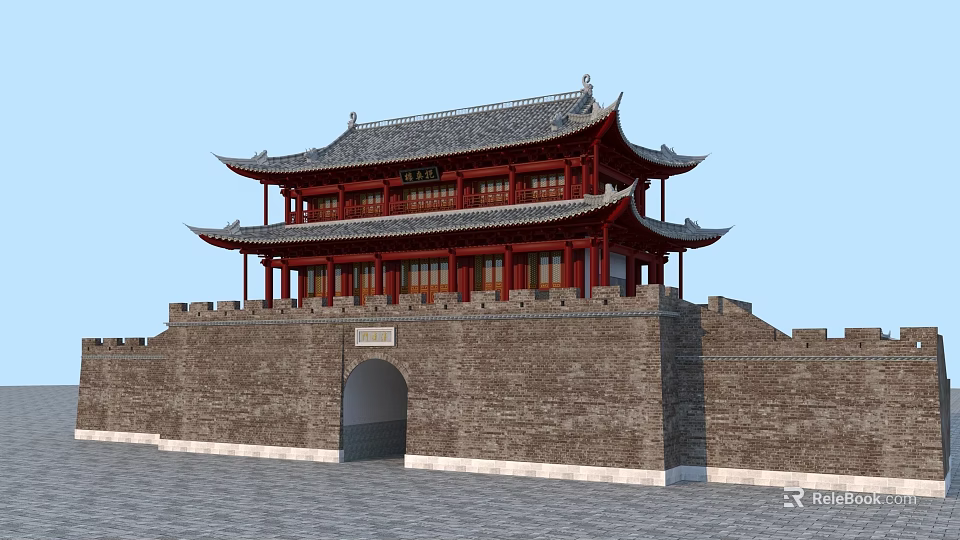 Ancient Chinese Architecture City Gate Tower With Traditional Curved Roof And Red Walls 3d model 