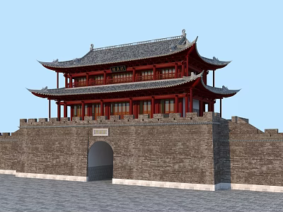 Ancient Chinese Architecture City Gate Tower With Traditional Curved Roof And Red Walls 3d model