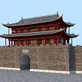 Ancient Chinese Architecture City Gate Tower With Traditional Curved Roof And Red Walls