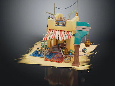 Cartoon Scene With Yellow Building Red White Striped Awning And Decorative Items On Sandy Ground 3d model