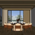 Elegant Private Dining Box With Wooden Ceiling Large Windows Round Table And Scenic View 3d model