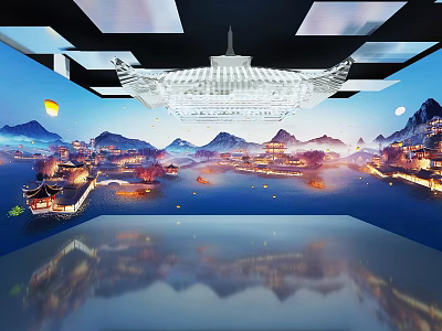 Modern Cultural Center Interior Featuring Crystal Chandelier Traditional Architecture Landscape Painting And Lake Reflections 3d model