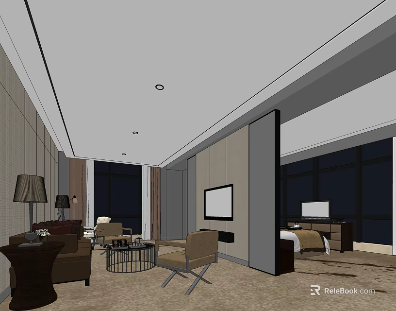 Modern Hotel Guest Room Interior With Comfortable Sofa Coffee Table TV Bed And Large Windows 3d model 