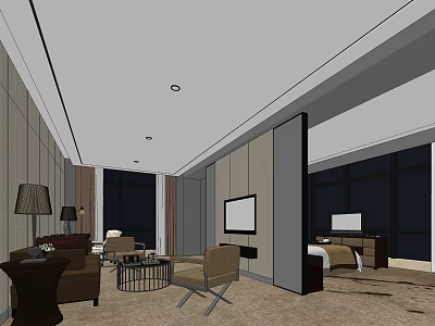 Modern Hotel Guest Room Interior With Comfortable Sofa Coffee Table TV Bed And Large Windows 3d model