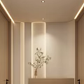 Modern Bathroom With Wooden Double Doors Recessed Niche Green Plant And Warm Lighting