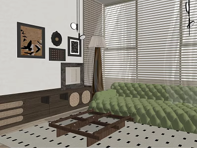 Living Room Interior Design With Green Sofa Wooden TV Cabinet Window Blinds And Decorative Paintings 3d model